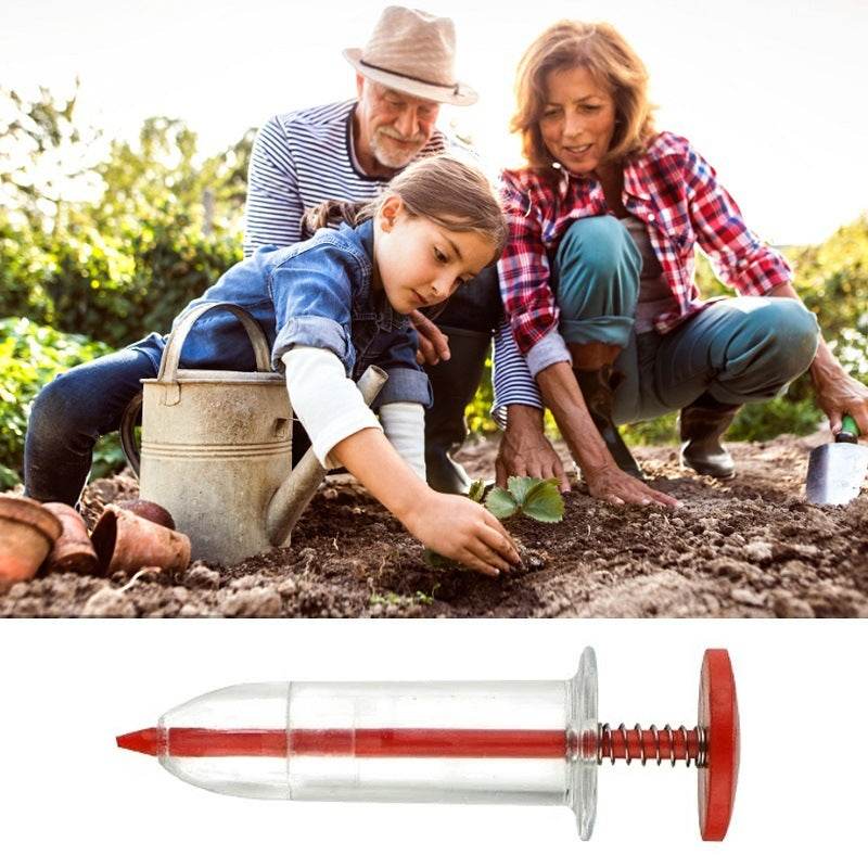 Plastic mini seed dispenser in garden setting with three people planting.