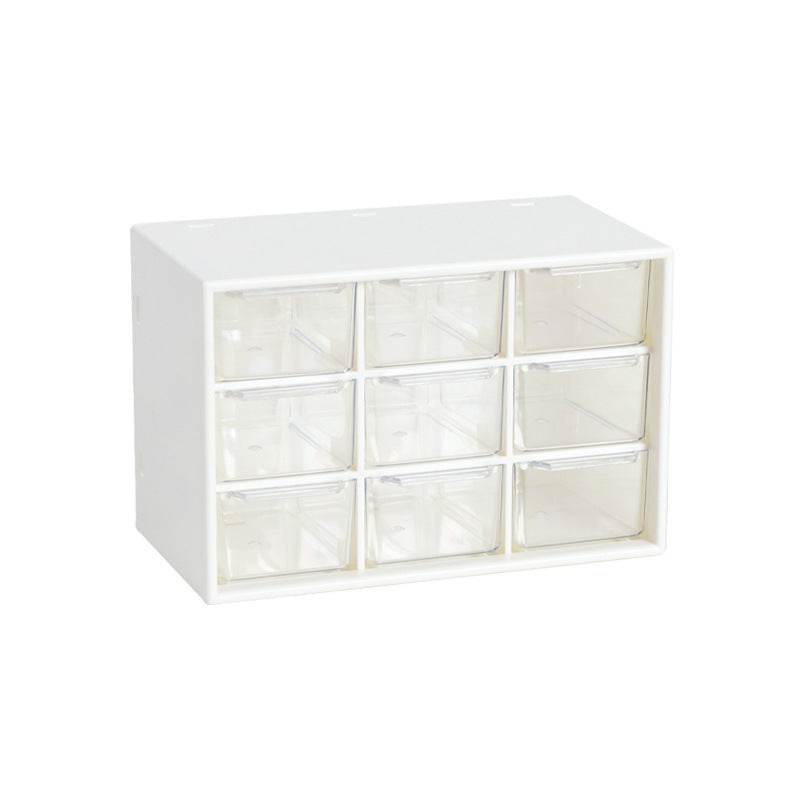 Transparent desktop storage box with multiple compartments for organizing various items.