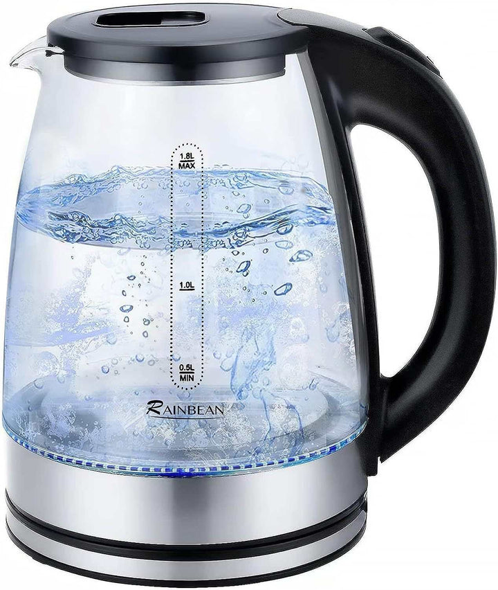 Electric kettle water boiler with LED light, 1.8L capacity, glass design, and auto shut-off.