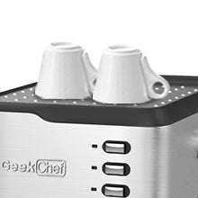Geek Chef Espresso Machine with dual cups on top, showcasing sleek design and buttons.