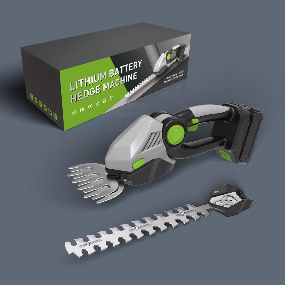 Electric small hedge trimmer mower with lithium battery, featuring interchangeable blades and ergonomic design.