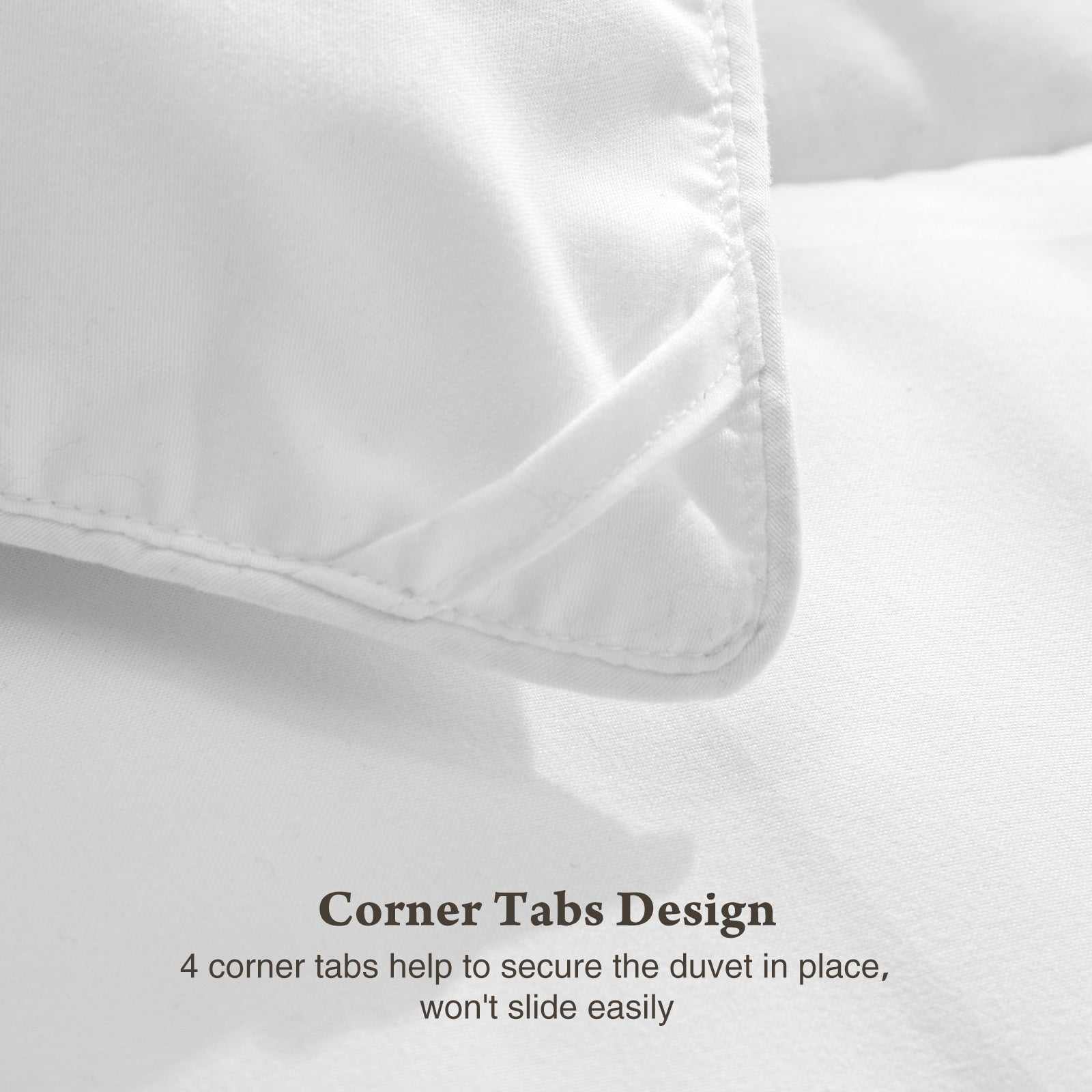 Four Season Universal Down Comforter with corner tabs for secure fit.