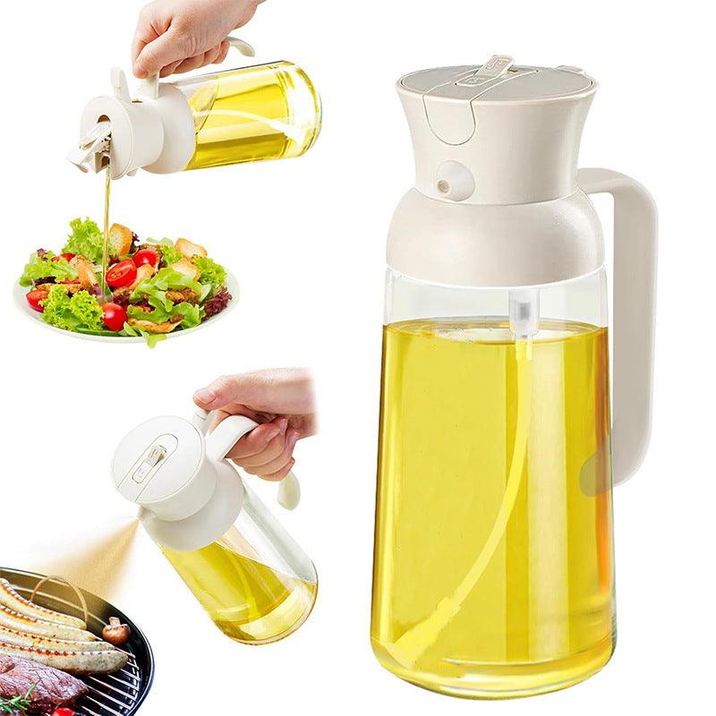 Kitchen Fuel Injector Dual-use Olive Dispenser Oil Sprayer, modern simplicity glass with automatic opening and closing function, shown dispensing oil on salad and grilled food.