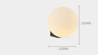 Nordic minimalist wall lamp with circular glass shade and iron body, measuring 150mm in width and height.