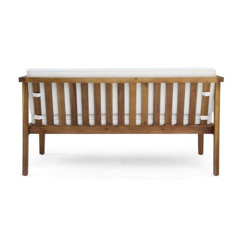 Outdoor 4-seater acacia wood chat set with beige cushions and teak finish.