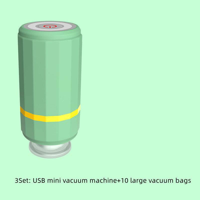 Mini USB charging vacuum sealer with 10 large vacuum bags in emerald green color.