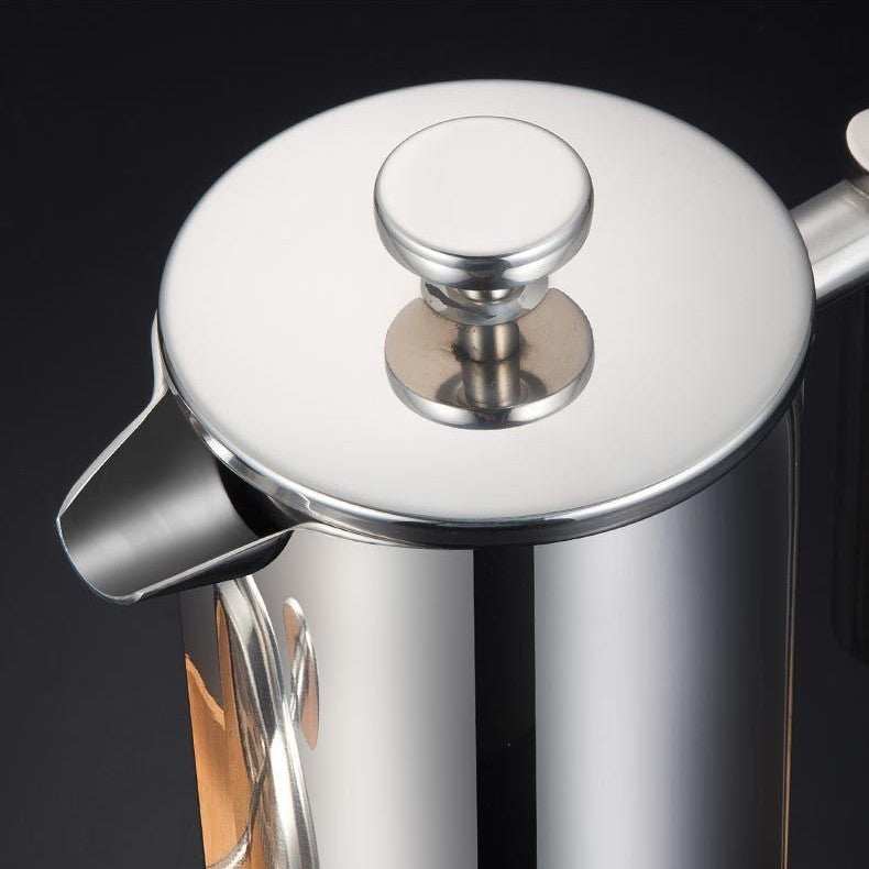 French Press Double-layer Stainless Steel coffee pot close-up.