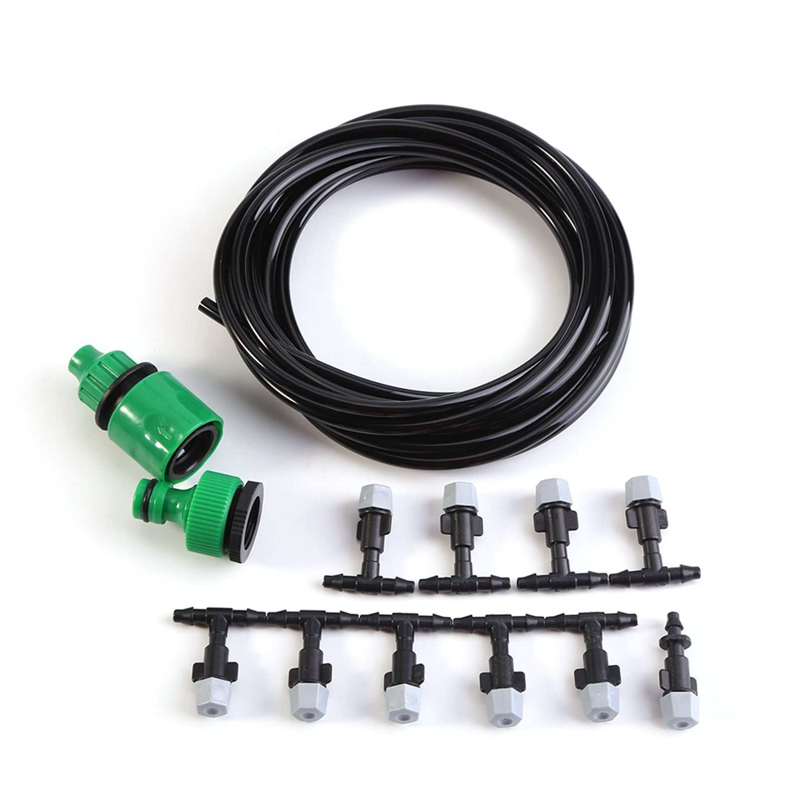 Water misting cooling system set with hose, sprinkler nozzles, and connectors for garden and patio.