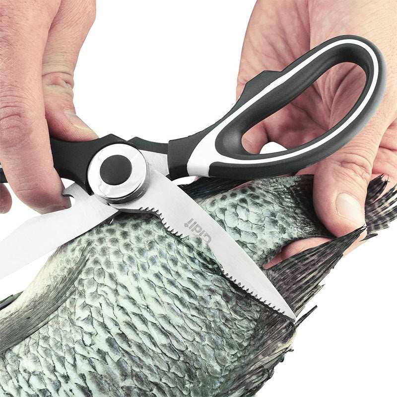 Stainless steel kitchen scissors cutting fish, modern household tool.