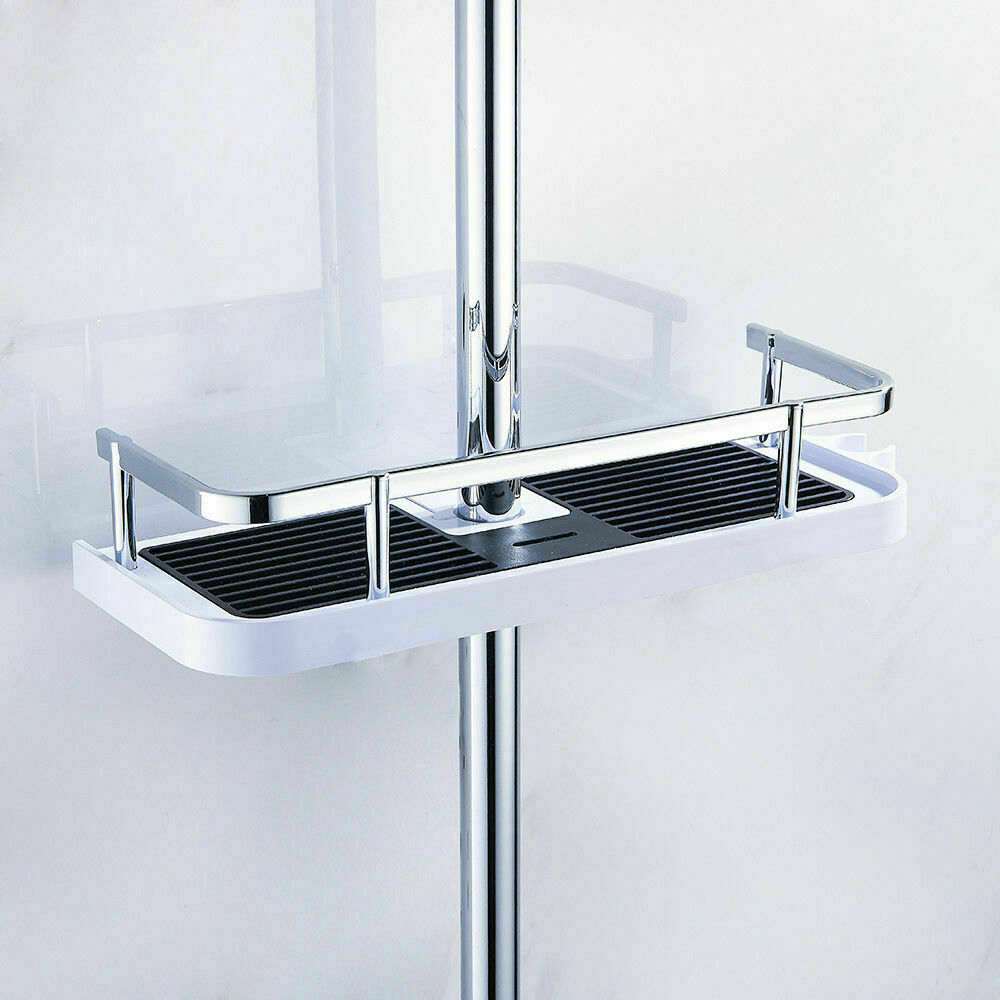No drilling shower shelf with hollow bottom design attached to shower pole.