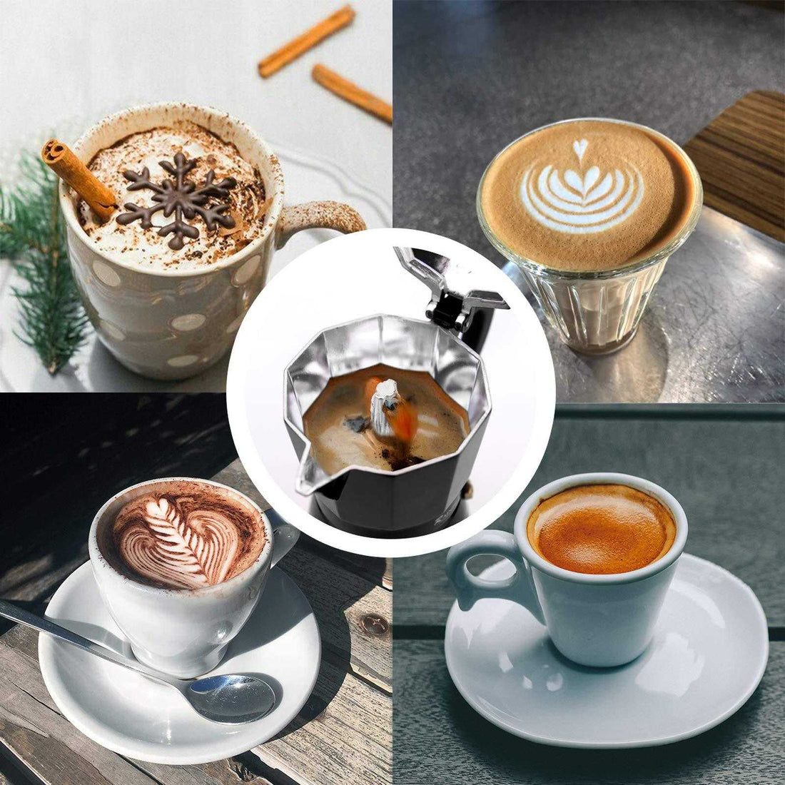 Stovetop espresso maker with various coffee drinks in a grid layout.