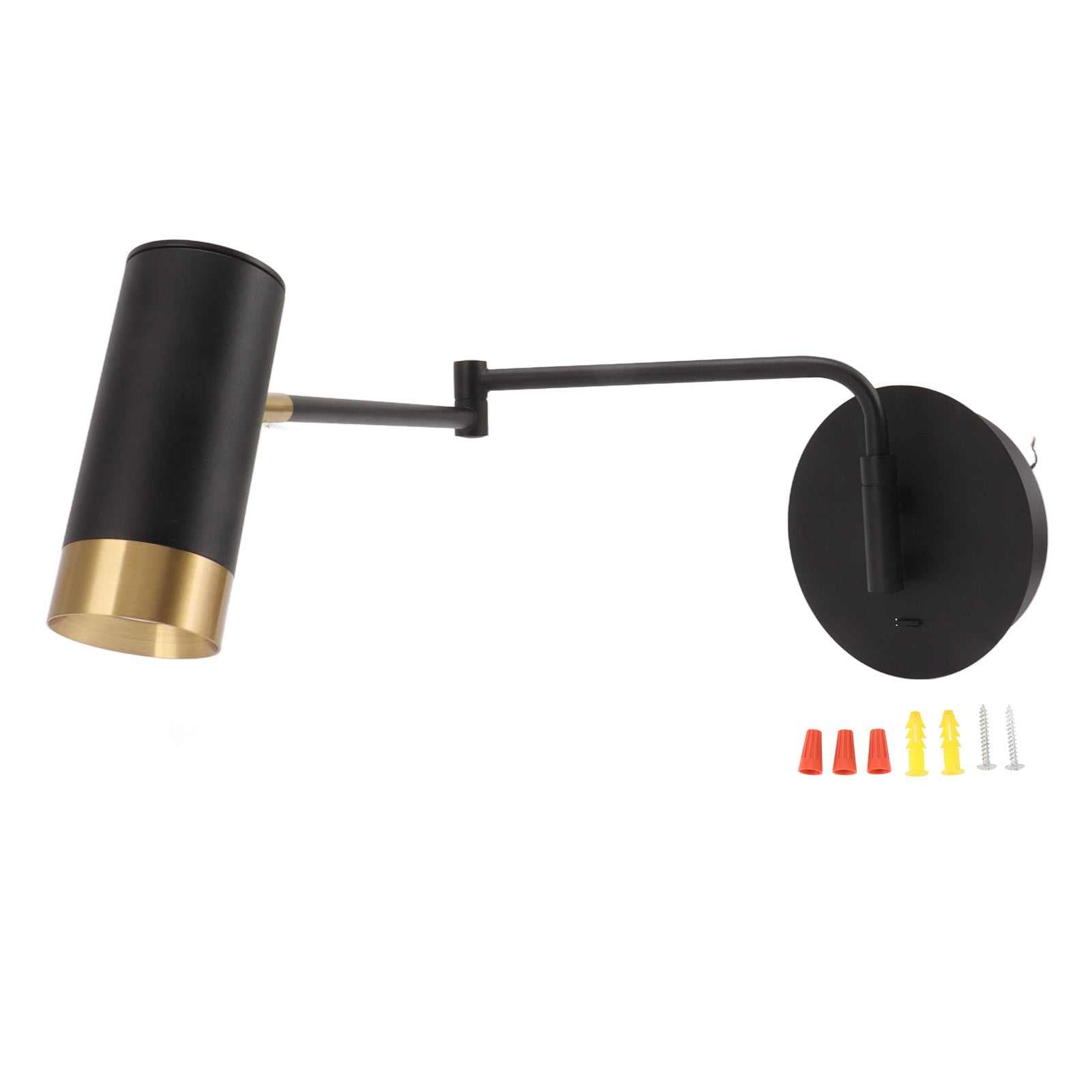Black swing arm wall lamp with adjustable arms for bedroom reading.