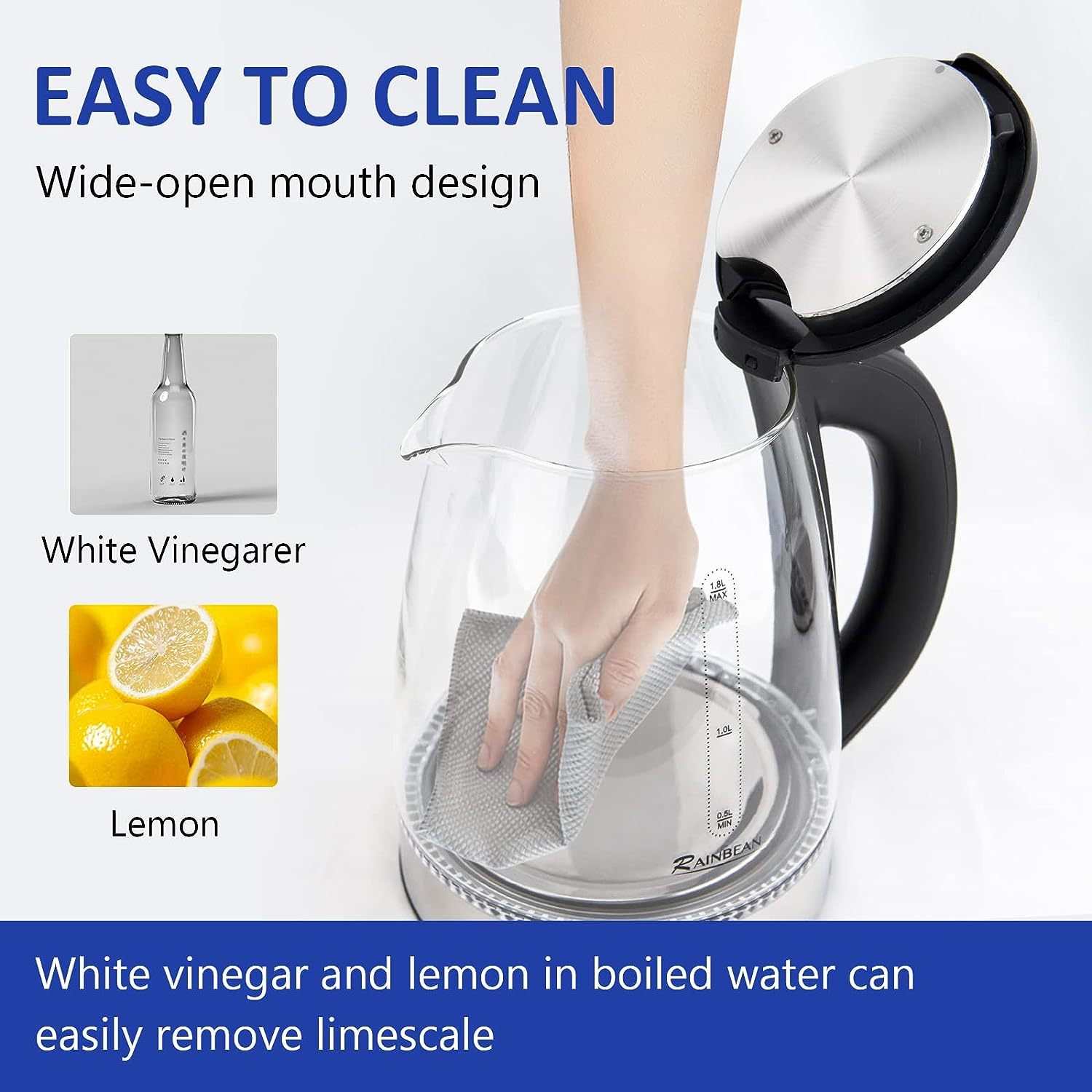 Easy to clean electric kettle with wide-open mouth design, shown with white vinegar and lemons for removing limescale.