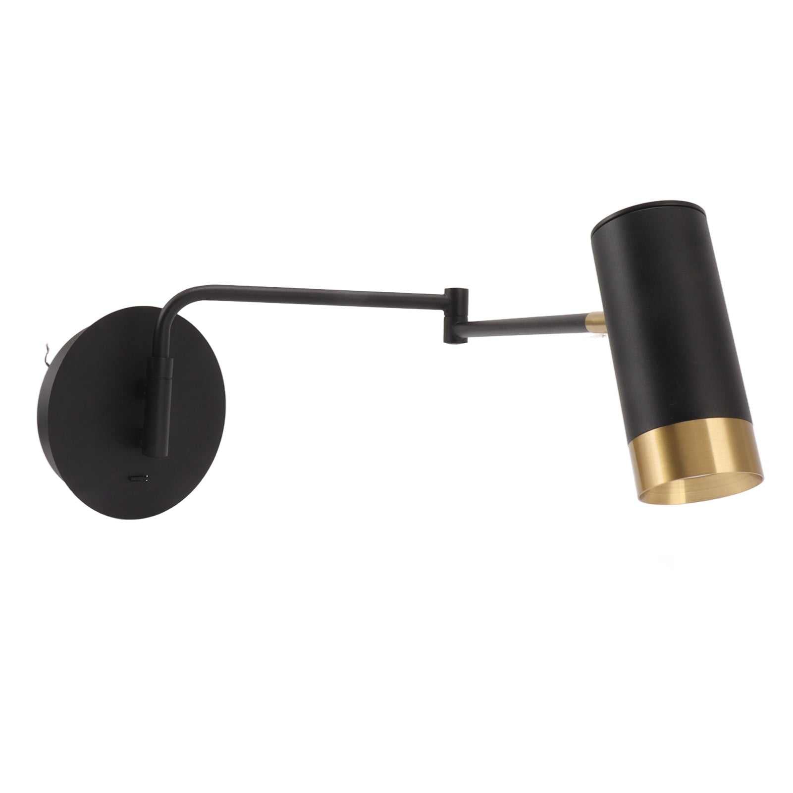 Modern black swing arm wall lamp with adjustable arms and cylindrical lampshade for bedroom or living room.