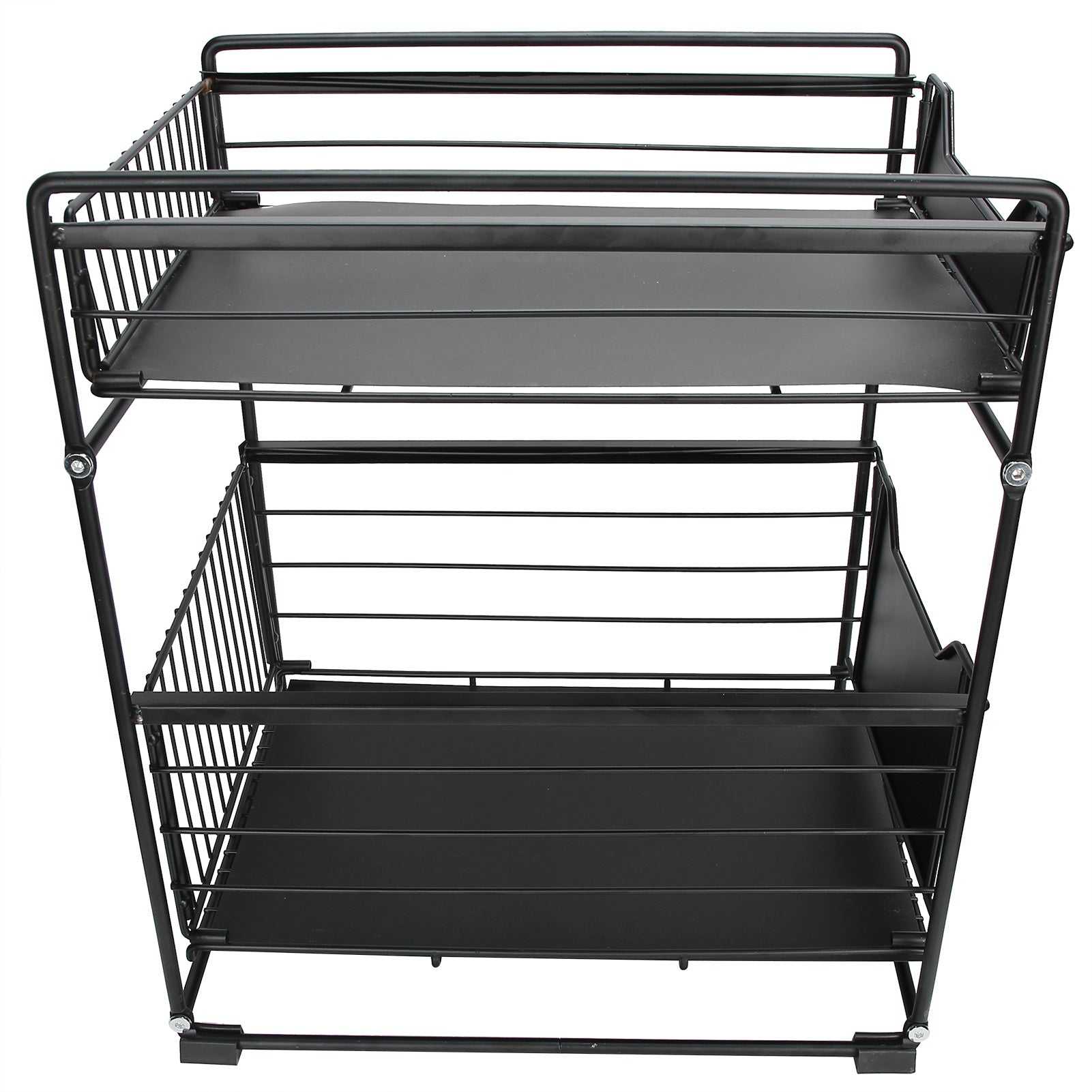 2-layer pull-out kitchen storage rack with black carbon steel design for home or office organization.