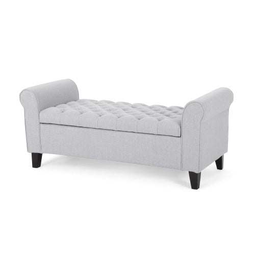 Light grey HAYES ARMED STORAGE BENCH with button tufted top and rolled arms.