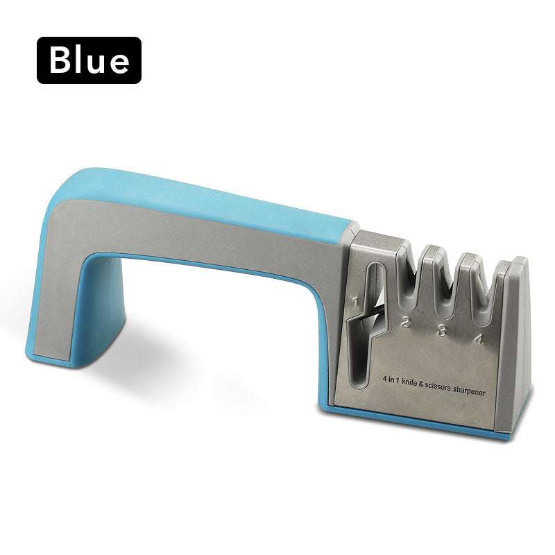 Blue fast knife sharpener made of stainless steel and ABS plastic with four sharpening slots.